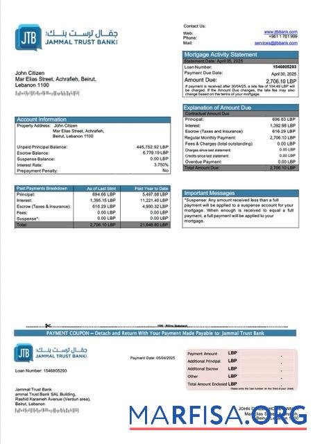 Blank Lebanon Jammal Trust Bank mortgage statement Word and PDF template